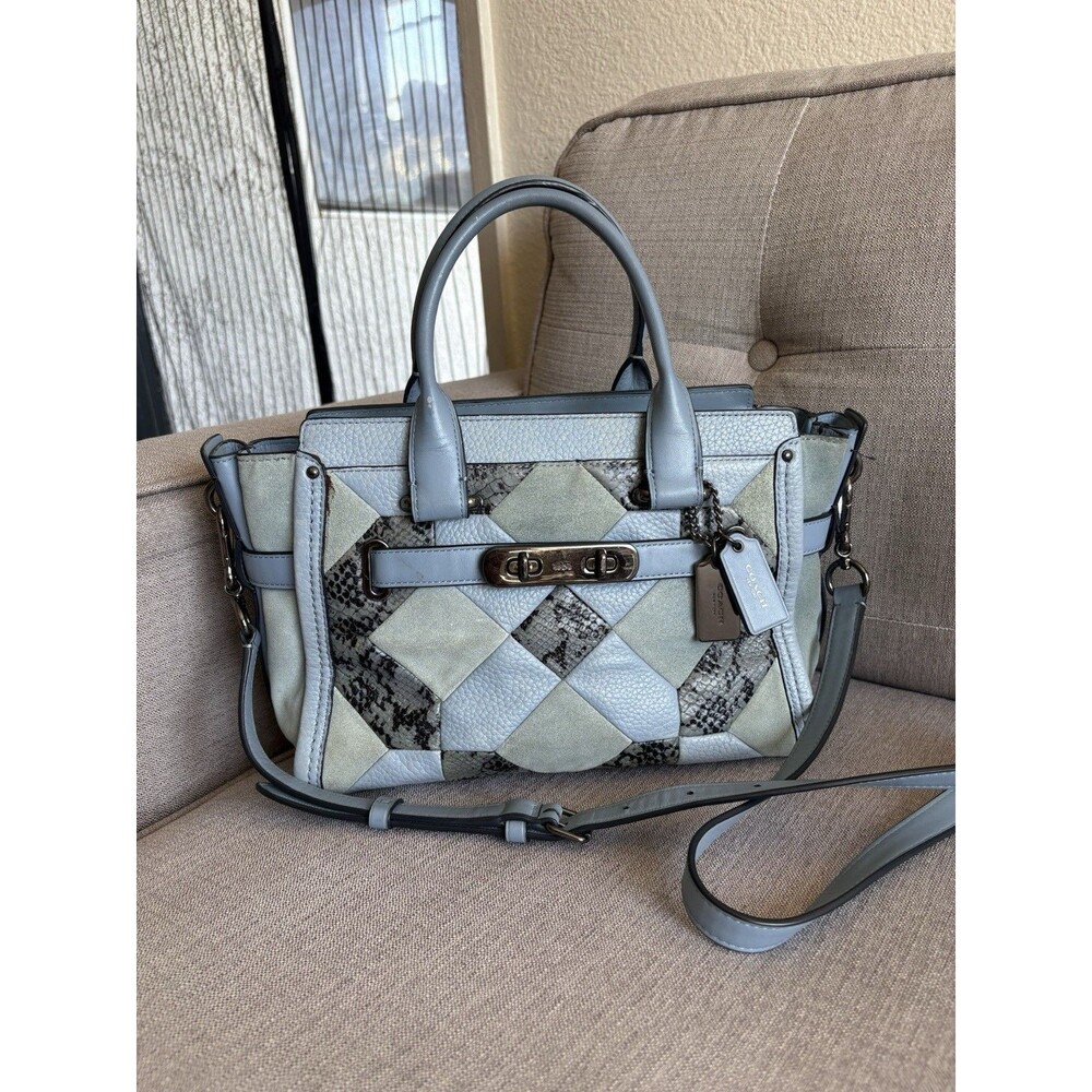 COACH Swagger 27 Blue Canyon Quilt Carryall Leather Patch Satchel Bag